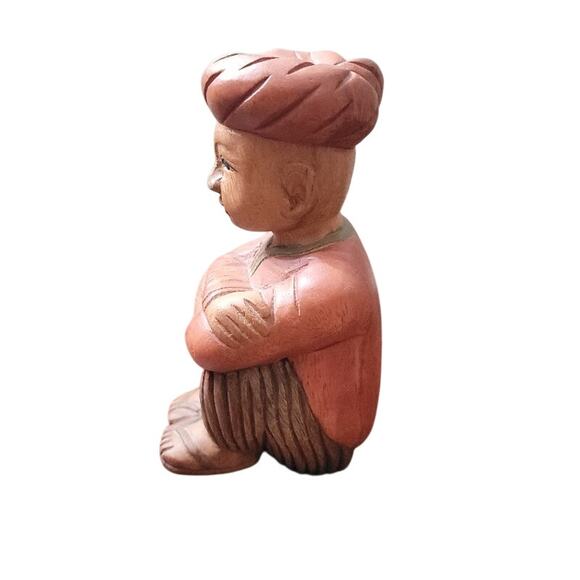 Vintage Hand Carved Wood Figure Man Turban Seated Pose Folk Art - Picture 4 of 8